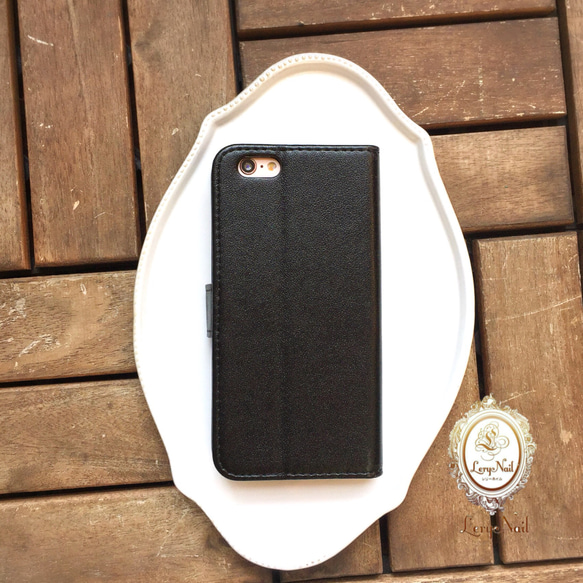 【iPhone・Xperia】パールbijou☆お星様ビジューライトグレータッセルストラップ付き☆ブラック手帳型ケース 4枚目の画像