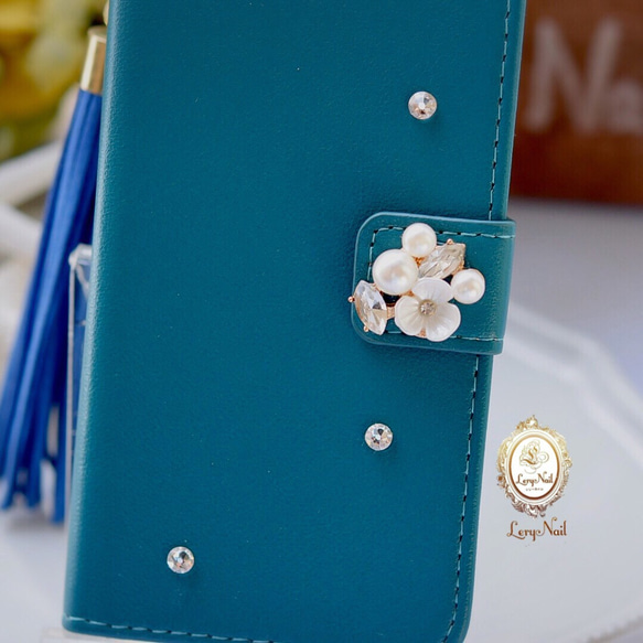 【Xperia Z3】お花パールビジュー指輪チャーム&タッセルストラップ付スワロ☆大人ブルー手帳型ケース 3枚目の画像
