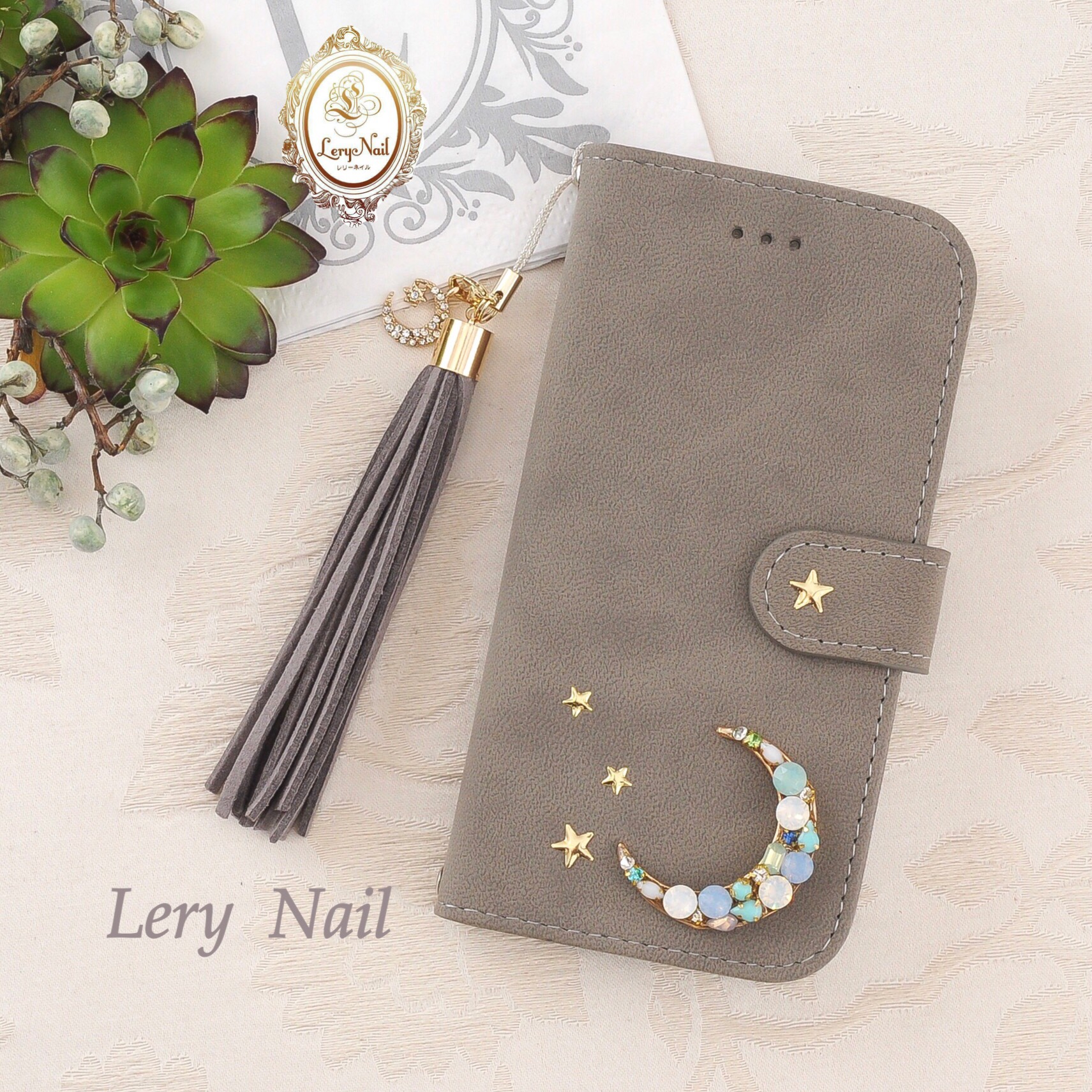 iPhone13【iPhone・GALAXY・Xperia・AQUOS】お月様が煌めく☆月ストラップ付きグレージュ