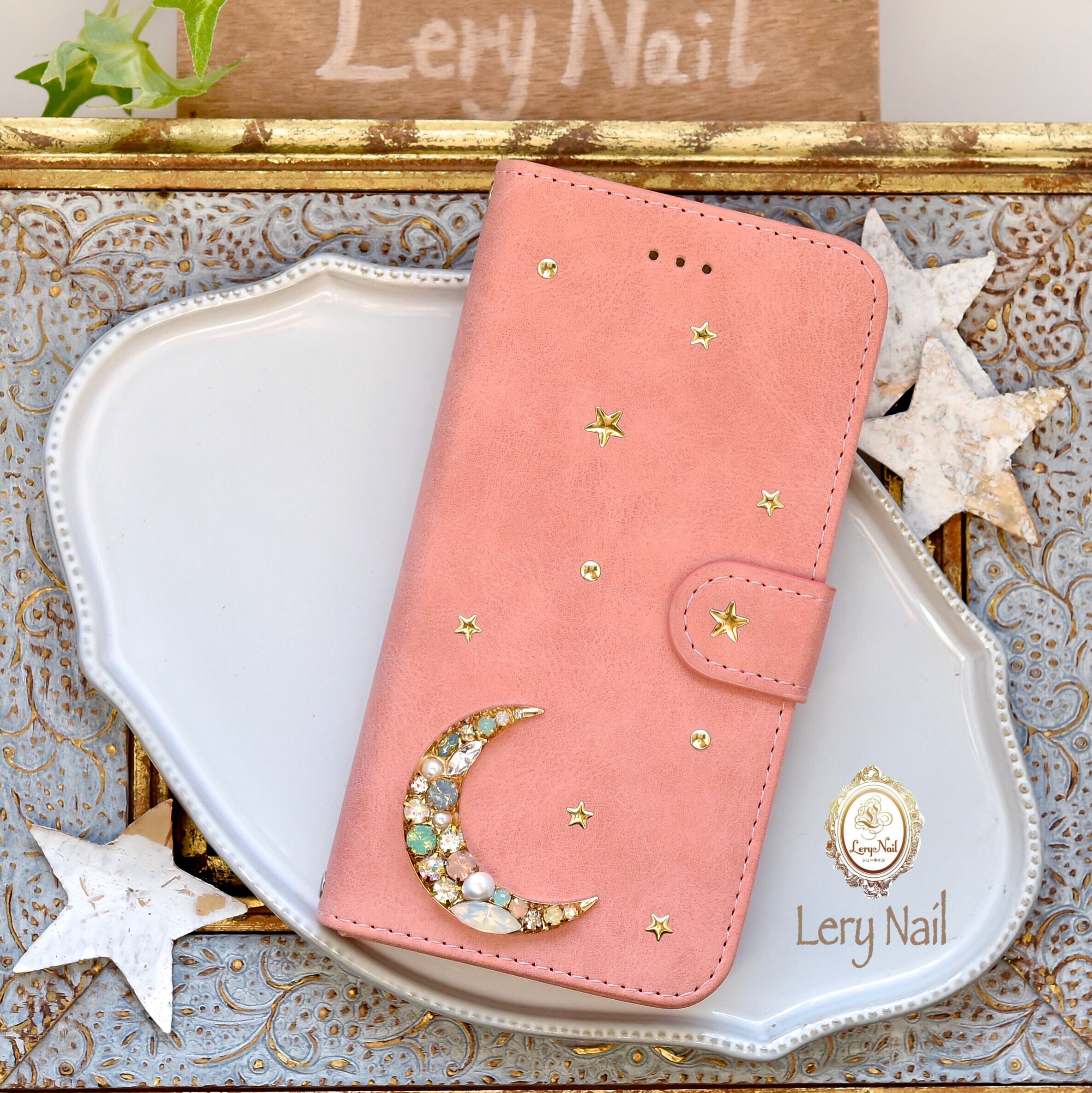 【iPhone・GALAXY・Xperia・AQUOS】パールビジューお月様☆オパールムーンスターが煌めく☆ピンク手帳型