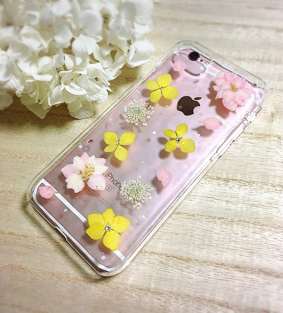 イエロー＊ピンク お花いっぱいiPhoneケース㉜ 1枚目の画像