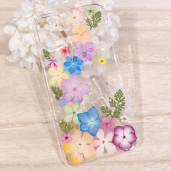 iPhone11＊お花いっぱいカラフルアジサイ押し花ケース⑪ 1枚目の画像