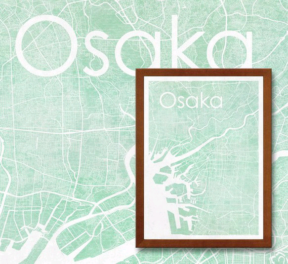 アンティーク・水彩テイスト仕様　「大阪マップシルエットポスター」フレーム付き 　A4 2枚目の画像