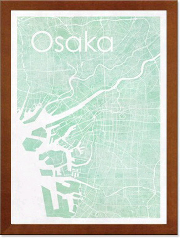 アンティーク・水彩テイスト仕様　「大阪マップシルエットポスター」フレーム付き 　A4 3枚目の画像