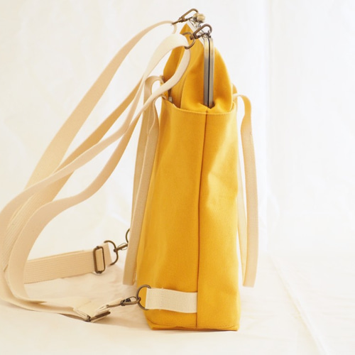 帆布３Weyあおりがま口バッグ リュック カーキ系 ハンドメイド 受注製作】3way 11号帆布 前ポケットのあおりがま口リュック