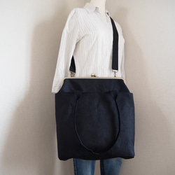 【受注制作】A4サイズもラクラク収納！帆布のがまぐち3wayリュックサック≪ブラック≫ 3枚目の画像