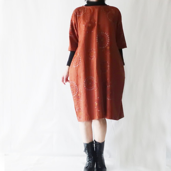 100% 棉吊袋連衣裙 5 袖（免費/燒橙色日式） 第2張的照片