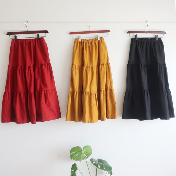 コットン100% ３段ティアードスカート（フリー／赤色） 5枚目の画像