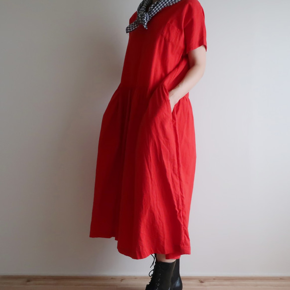 半麻聚攏連衣裙（免費/紅色） 第2張的照片