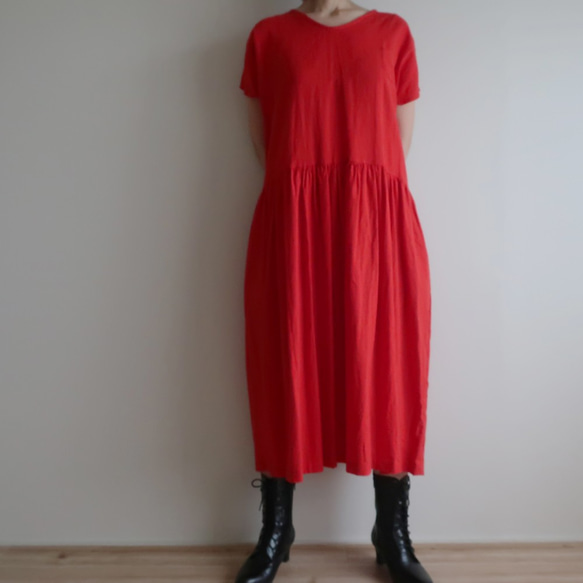 半麻聚攏連衣裙（免費/紅色） 第3張的照片