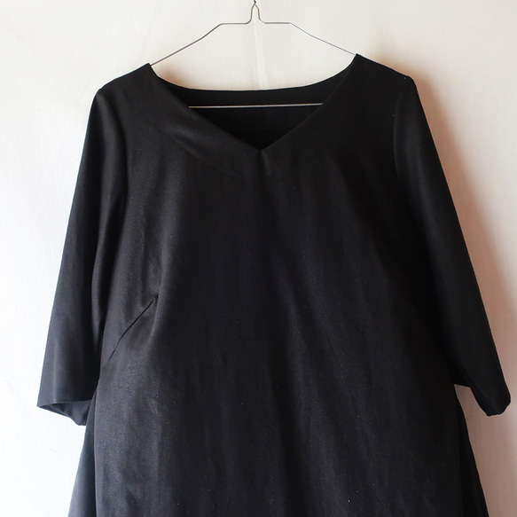 亞麻&amp;棉質側褶連衣裙（自由/黑色） 第5張的照片
