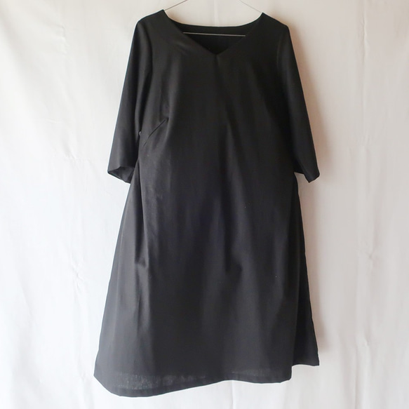 亞麻&amp;棉質側褶連衣裙（自由/黑色） 第9張的照片