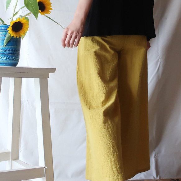 亞麻和棉質喇叭褲（自由/黃色） 第5張的照片