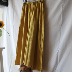 亞麻和棉質喇叭褲（自由/黃色） 第9張的照片