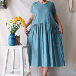 亞麻棉質褶皺連衣裙（免費/翠綠色） 第3張的照片