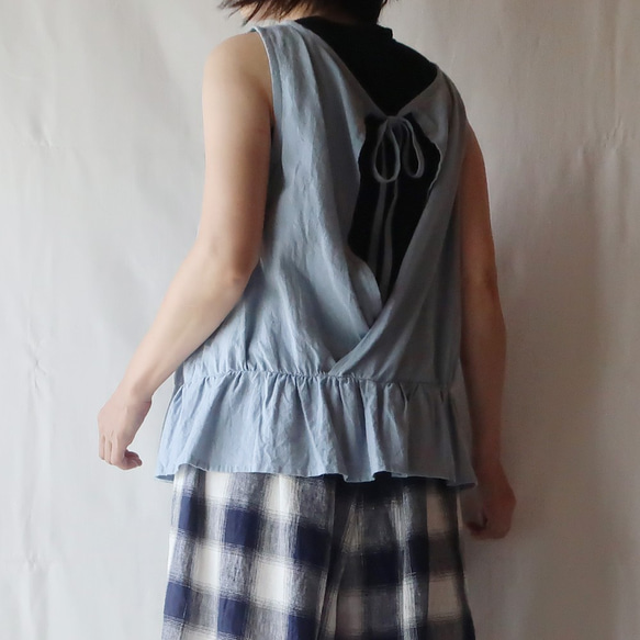 亞麻＆棉織帶後背交叉背心（自由/淺藍色） 第1張的照片