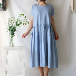 亞麻棉質褶皺連衣裙（免費/淡藍色） 第1張的照片