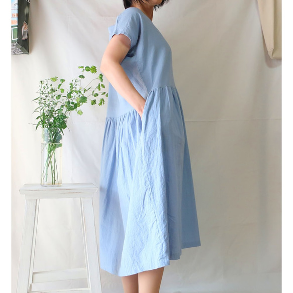 亞麻棉質褶皺連衣裙（免費/淡藍色） 第2張的照片