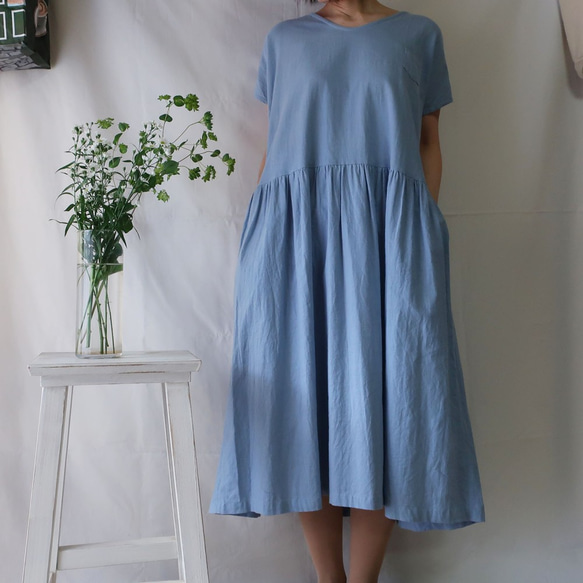 亞麻棉質褶皺連衣裙（免費/淡藍色） 第3張的照片