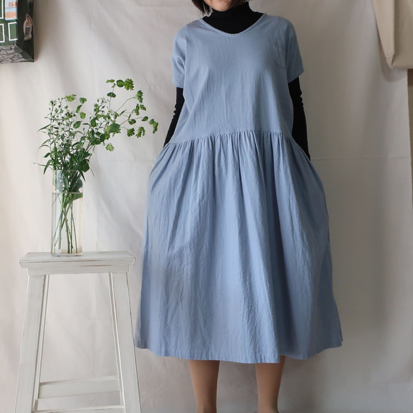 亞麻棉質褶皺連衣裙（免費/淡藍色） 第5張的照片