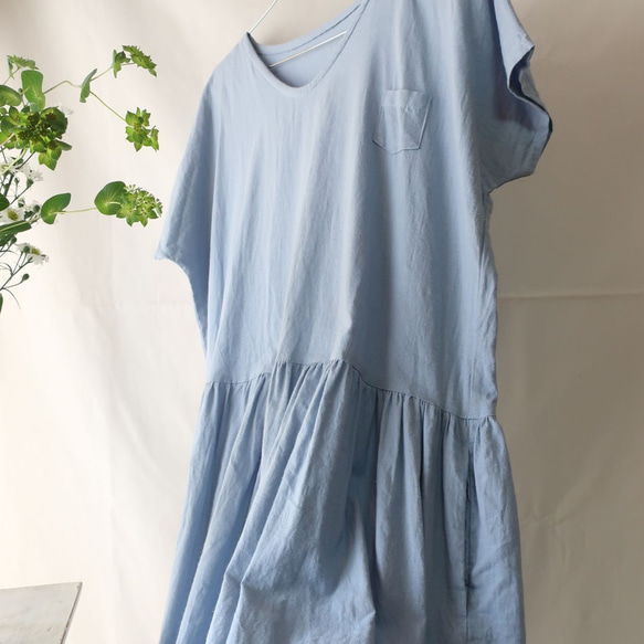 亞麻棉質褶皺連衣裙（免費/淡藍色） 第9張的照片