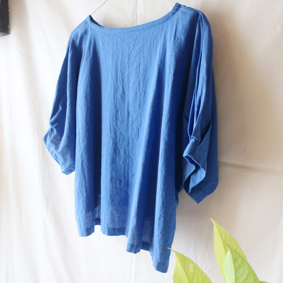 亞麻棉蝙蝠袖褶皺襯衫（自由/藍色） 第10張的照片