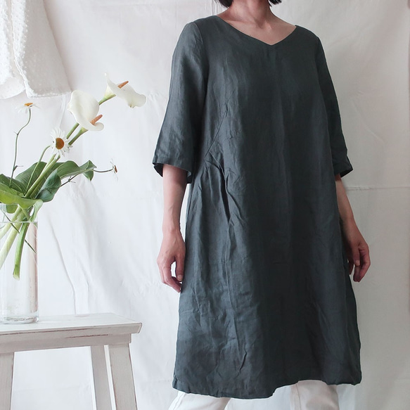 亞麻100％側邊連衣裙（免費/灰綠色） 第4張的照片