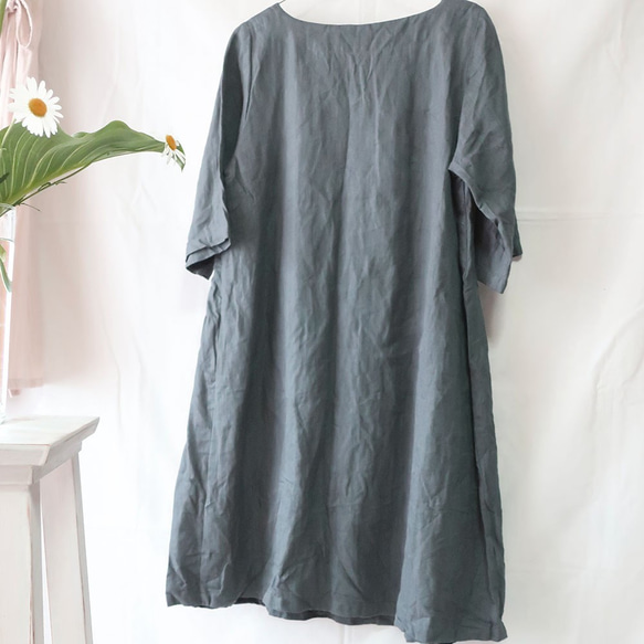 亞麻100％側邊連衣裙（免費/灰綠色） 第7張的照片