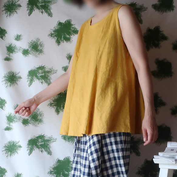 100% 亞麻無袖襯衫（免費/黃色） 第6張的照片
