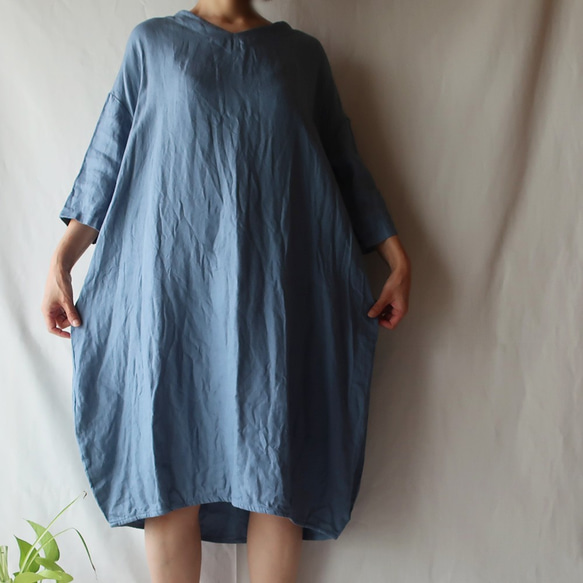 100％亞麻氣球連衣裙（自由/淺藍色） 第4張的照片