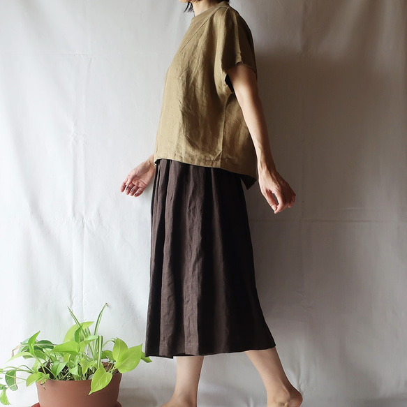 100% 亞麻褶皺裙褲（自由/深棕色） 第3張的照片
