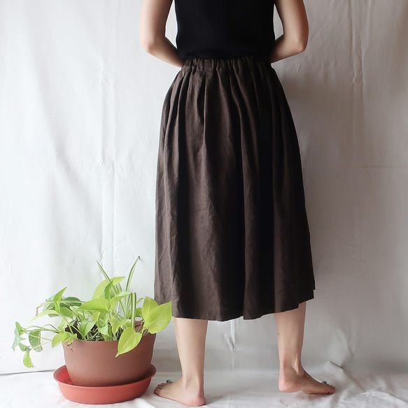 100% 亞麻褶皺裙褲（自由/深棕色） 第8張的照片