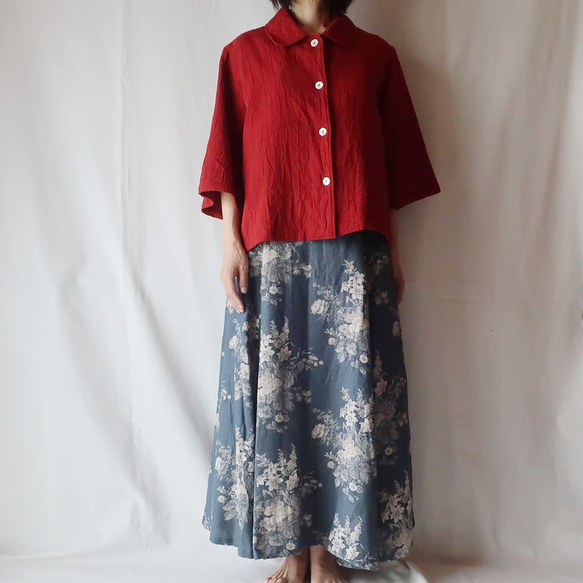100％亞麻6條紋裙（自由/猩紅色花紋） 第4張的照片