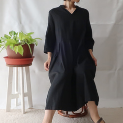 亞麻棉質立領連衣裙（免費/黑色） 第7張的照片