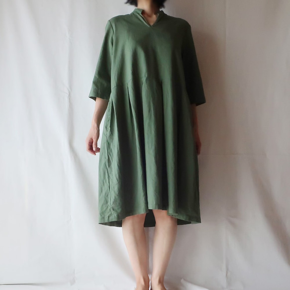 亞麻棉質立領連衣裙（免費/綠色） 第1張的照片