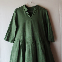 亞麻棉質立領連衣裙（免費/綠色） 第3張的照片
