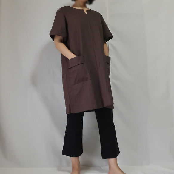 100％棉麻布連衣裙（免費/棕色） 第4張的照片