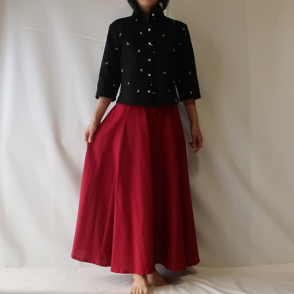 亞麻和棉質六件套條紋半身裙（免費/紅色） 第1張的照片