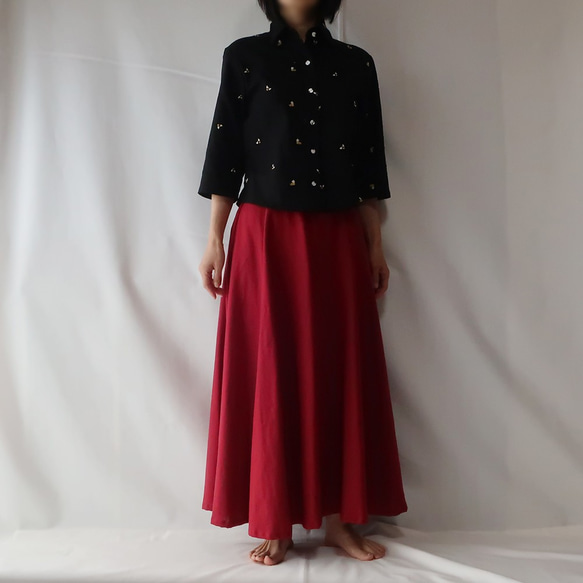 亞麻和棉質六件套條紋半身裙（免費/紅色） 第2張的照片