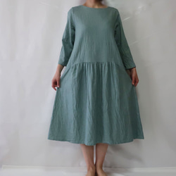 100％棉質褶皺連衣裙（免費/牛仔綠） 第3張的照片