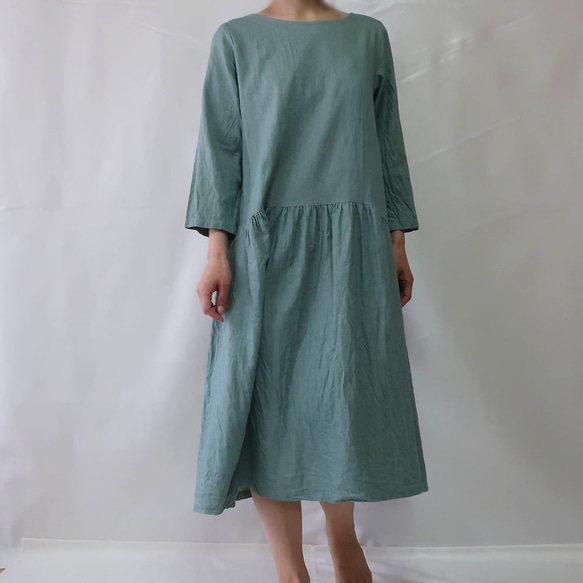 100％棉質褶皺連衣裙（免費/牛仔綠） 第5張的照片