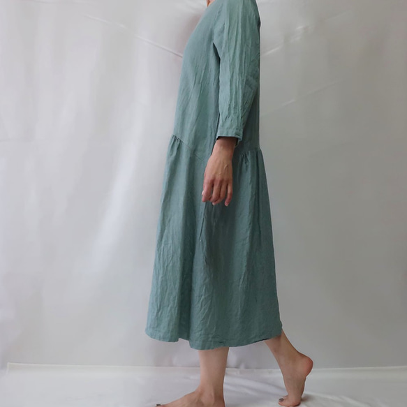 100％棉質褶皺連衣裙（免費/牛仔綠） 第6張的照片