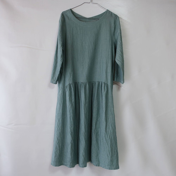 100％棉質褶皺連衣裙（免費/牛仔綠） 第7張的照片
