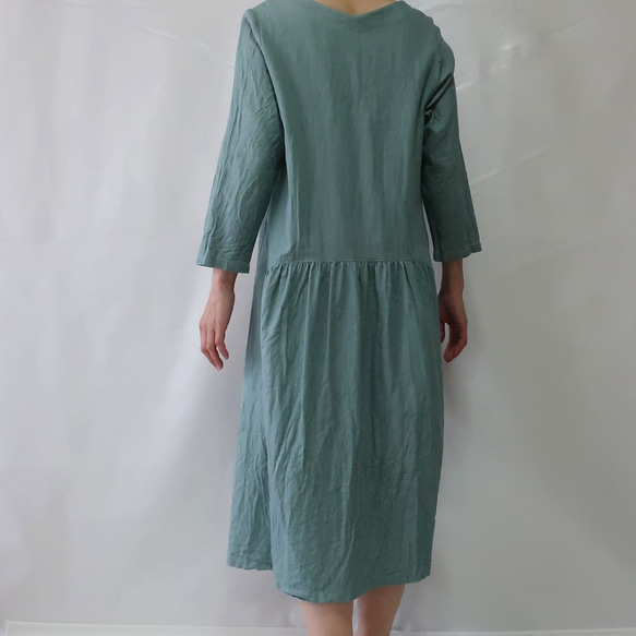 100％棉質褶皺連衣裙（免費/牛仔綠） 第9張的照片