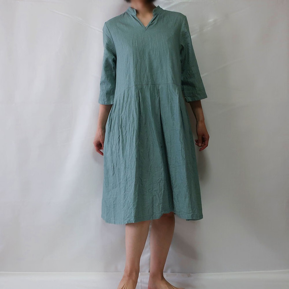 100％棉質立領連衣裙（免費/牛仔綠） 第3張的照片