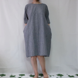 亞麻和棉質落袋洋裝（自由/淺藍色圖案） 第2張的照片