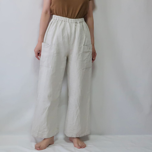 亞麻棉質直筒褲（免費/白色） 第4張的照片