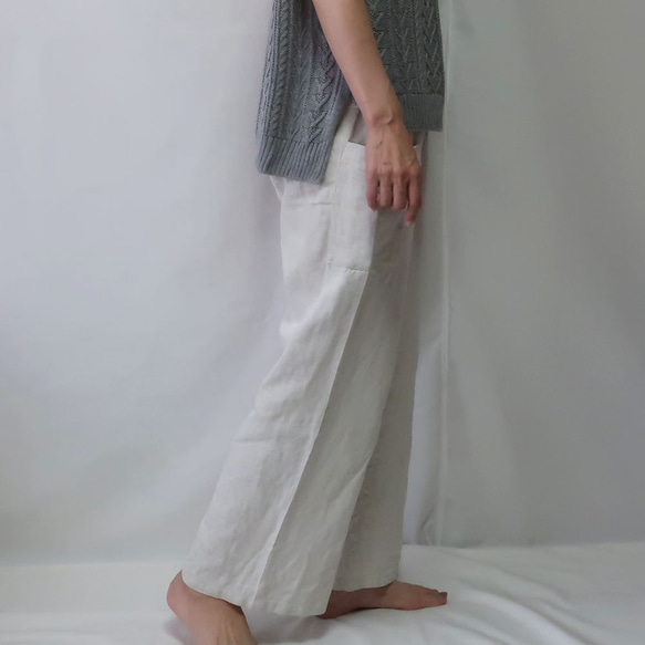 亞麻棉質直筒褲（免費/白色） 第8張的照片