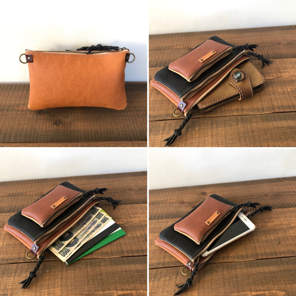 レザー　TPP（triple pouch pochette）肩ひも付き20 ☆１点モノ☆ 5枚目の画像