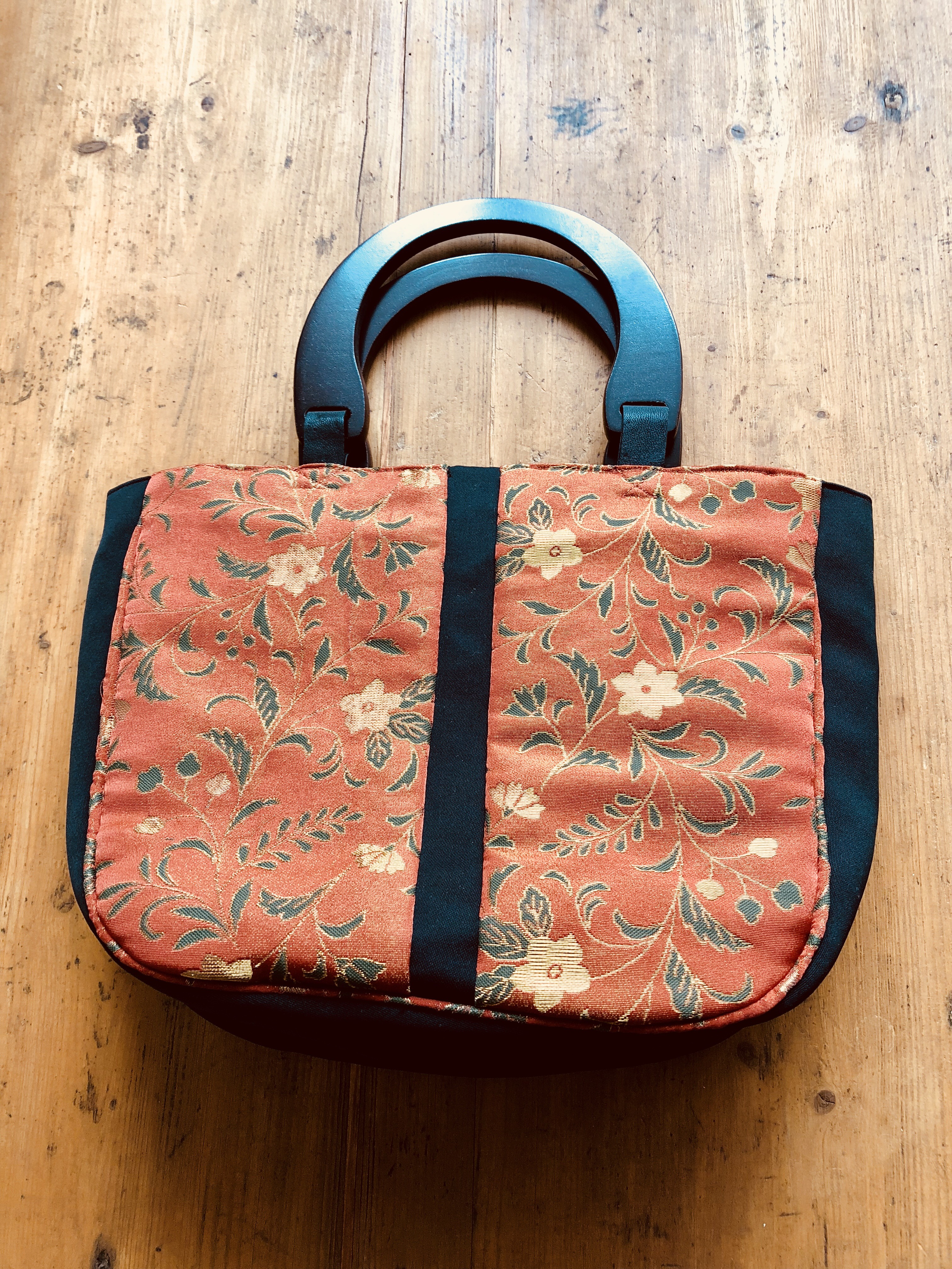 帯リメイクバッグ 　オレンジ金花